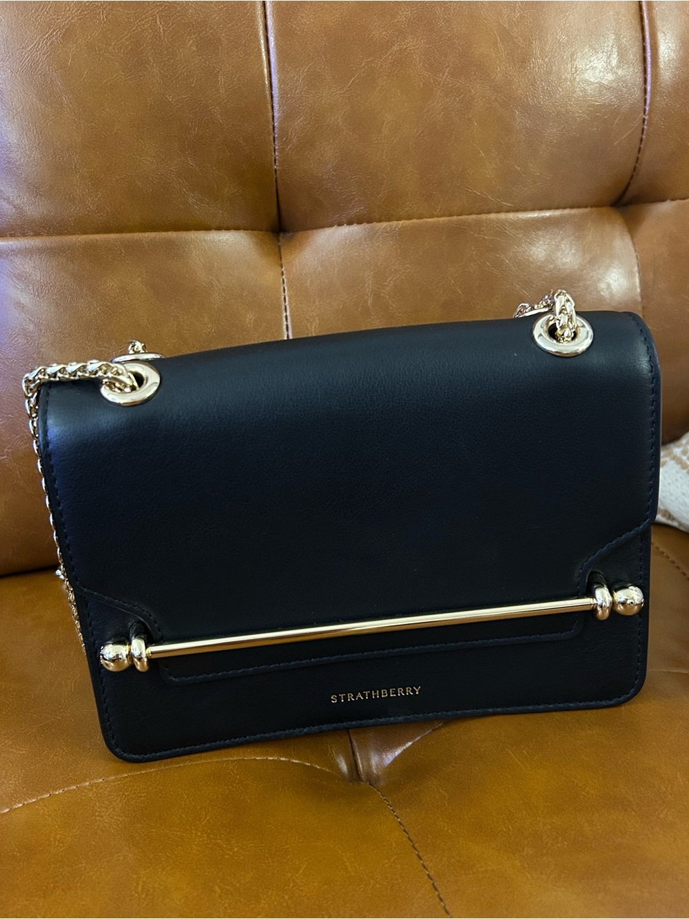 Strathberry East West Mini Black Leather Gold Hardware